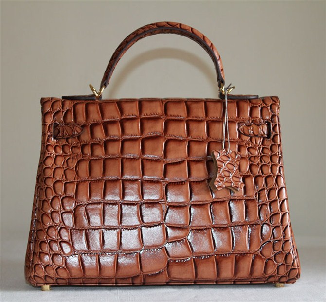 7A Replica Hermes Kelly 32cm Crocodile Veins Leather Bag Dark Coffee HC0001 (5)